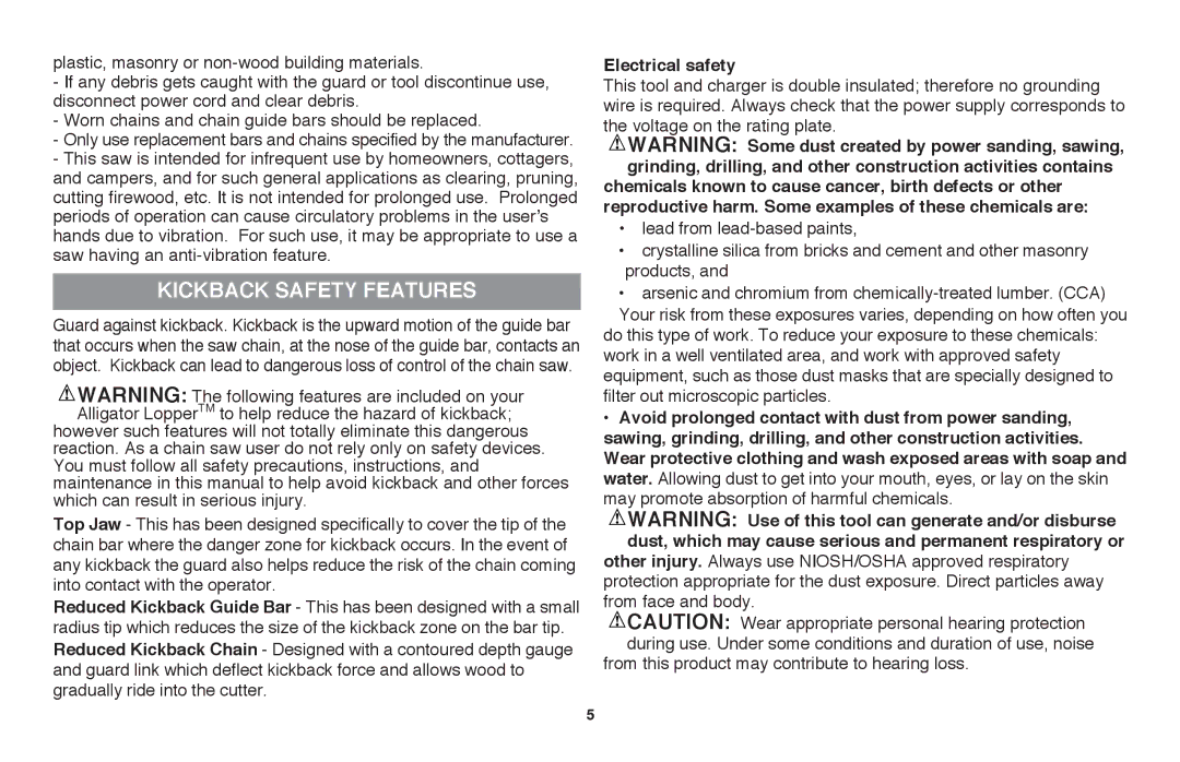 Black & Decker LLP120 instruction manual Kickback Safety Features, Electrical safety 