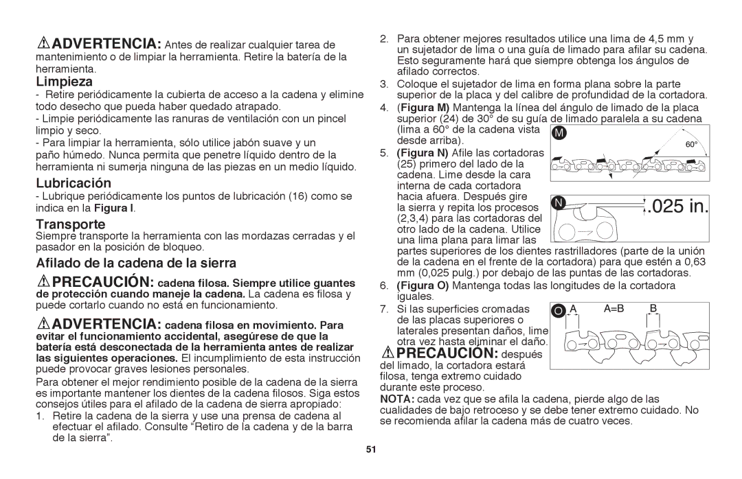 Black & Decker LLP120 instruction manual Limpieza, Lubricación, Transporte, Afilado de la cadena de la sierra 