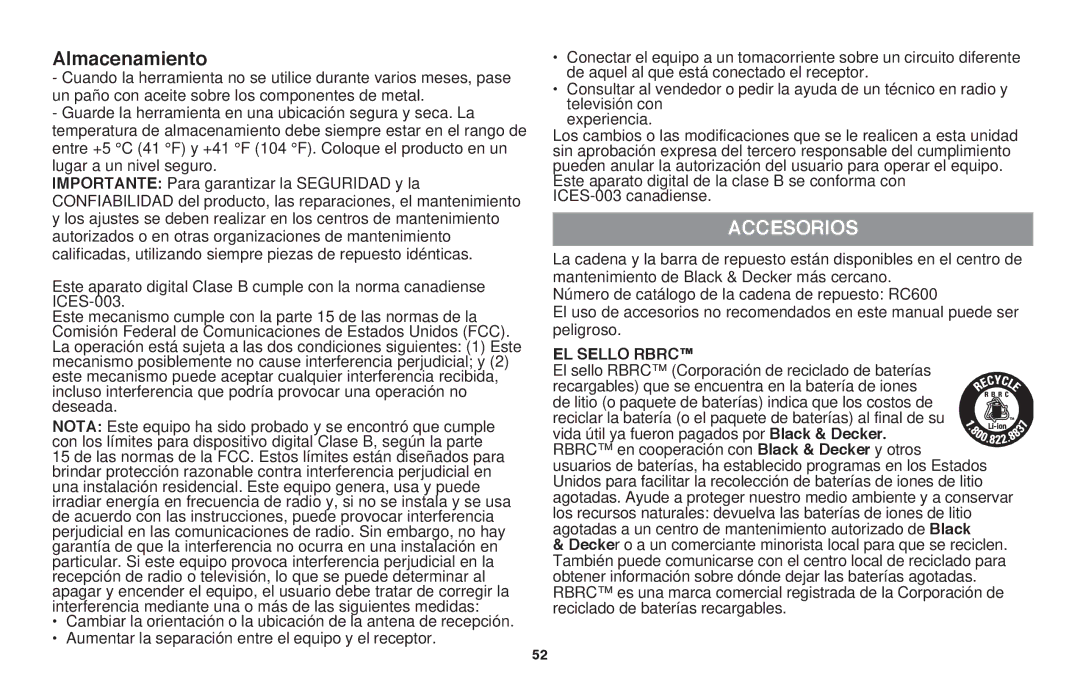 Black & Decker LLP120 instruction manual Almacenamiento, Accesorios, El sello Rbrc 