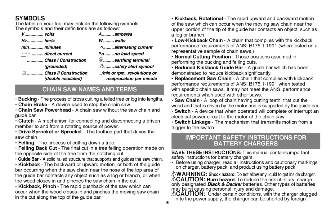 Black & Decker LLP120 Symbols, Chain SAW Names and Terms, Important safety instructions for, Battery chargers 