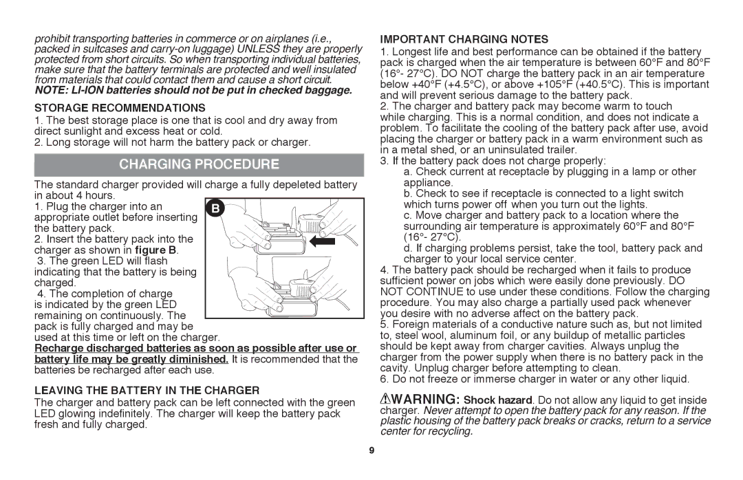 Black & Decker LLP120 instruction manual Charging Procedure, Leaving the battery in the charger, Important Charging Notes 