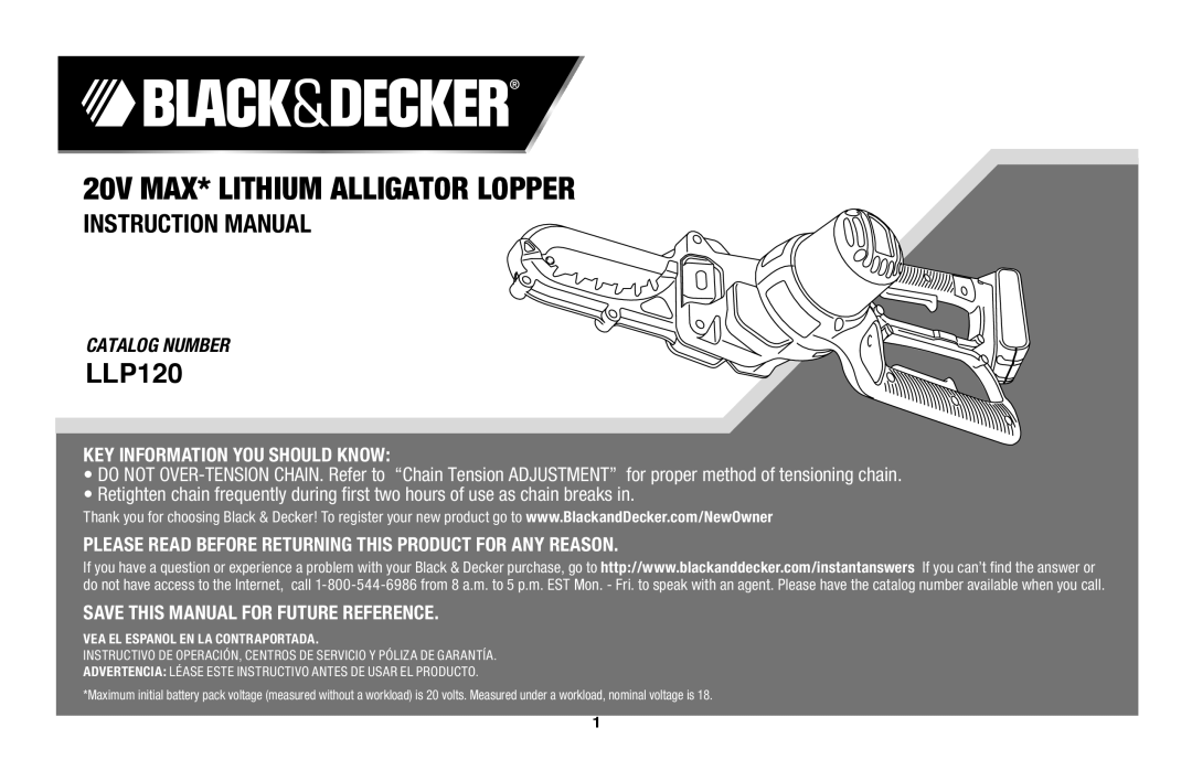 Black & Decker LLP120 instruction manual 20v max* lithium alligator lopper, Catalog Number 