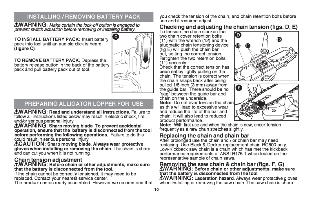 Black & Decker LLP120 instruction manual Chain tension adjustment, Replacing the chain and chain bar 