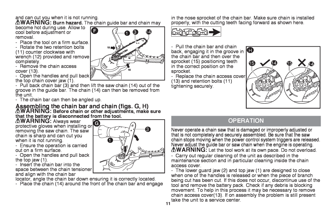 Black & Decker LLP120 instruction manual Assembling the chain bar and chain figs. G, H, Operation 