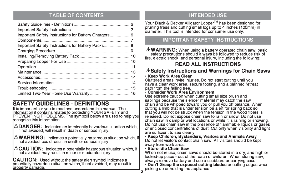 Black & Decker LLP120 Safety Guidelines - Definitions, Table Of Contents, Intended use, Important Safety Instructions 