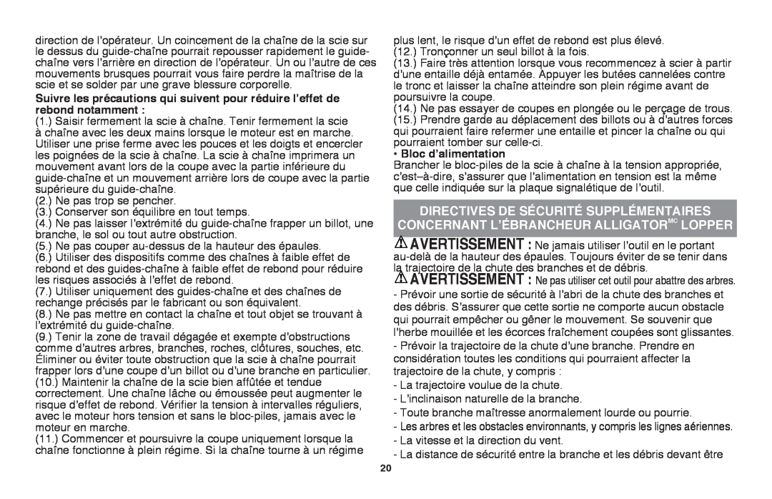 Black & Decker LLP120 instruction manual Directives de sÉcuritÉ supplÉmentaires, concernant l’ébrancheur AlligatorMC Lopper 