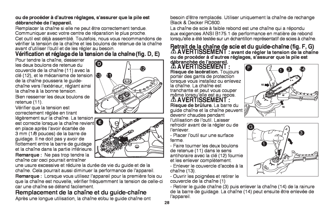 Black & Decker LLP120 instruction manual Avertissement, Remplacement de la chaîne et du guide-chaîne 