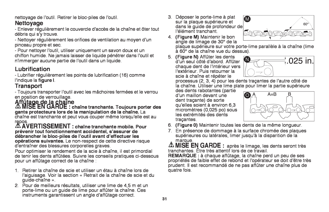 Black & Decker LLP120 instruction manual Nettoyage, Lubrification, Transport, Affûtage de la chaîne 