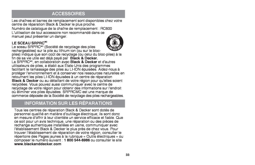 Black & Decker LLP120 instruction manual Accessoires, Information sur les réparations 
