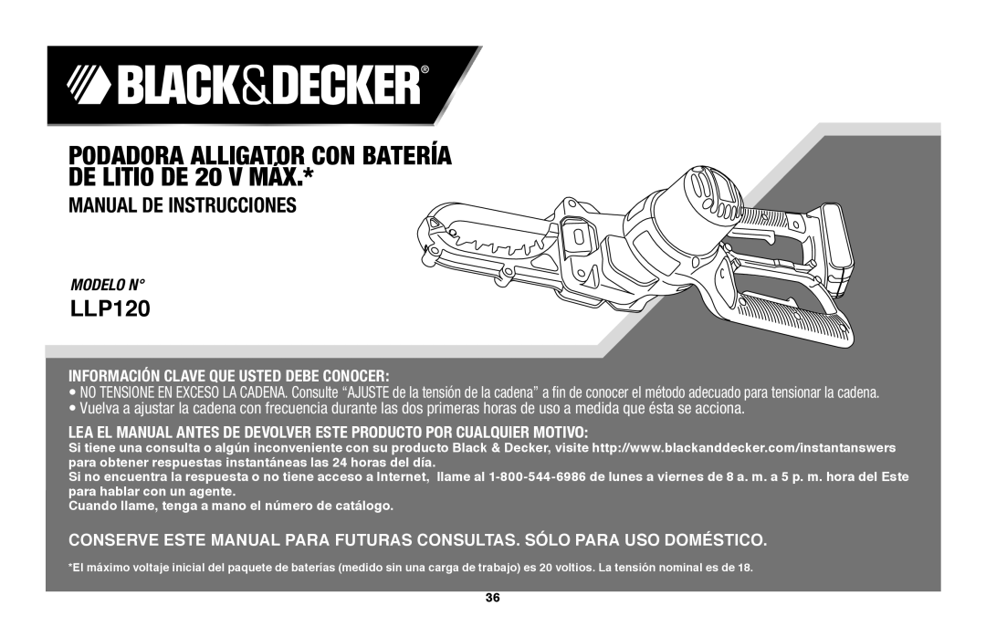 Black & Decker LLP120 Podadora Alligator Con Batería, DE LITIO DE 20 V MÁX, Manual De Instrucciones, Modelo N 