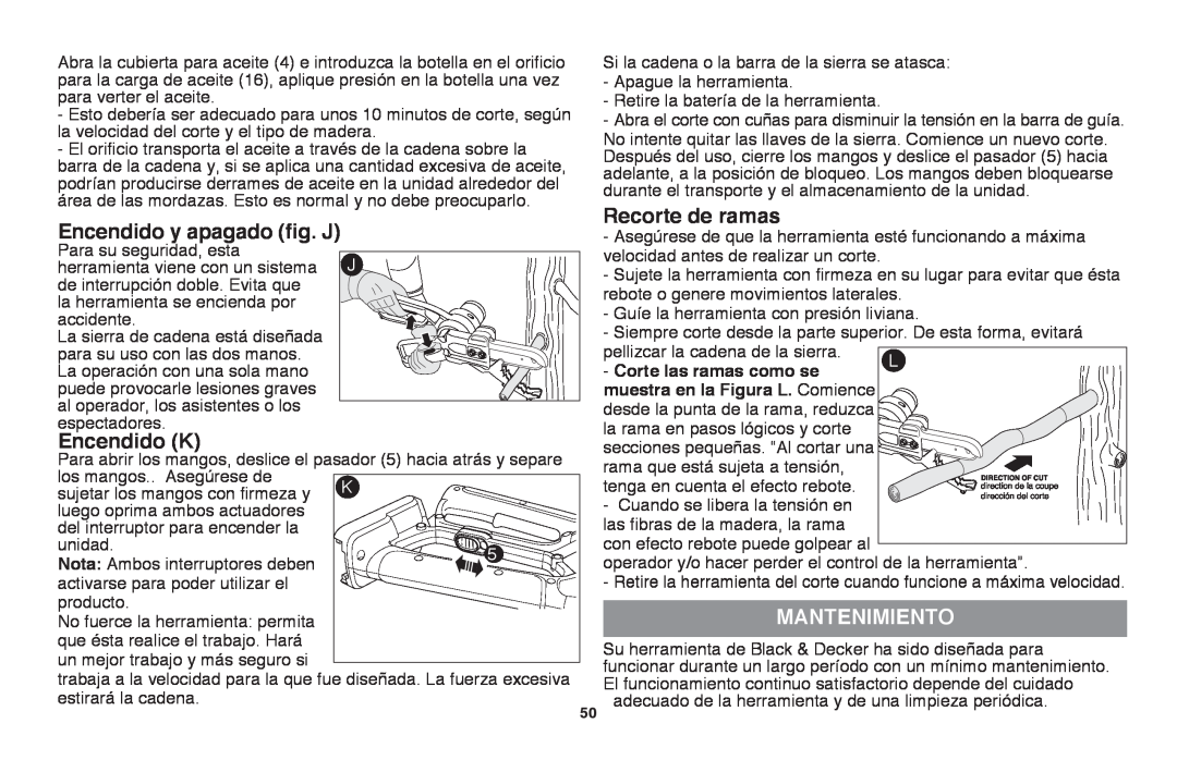 Black & Decker LLP120 instruction manual Encendido K, Recorte de ramas, Mantenimiento, Encendido y apagado fig. J 