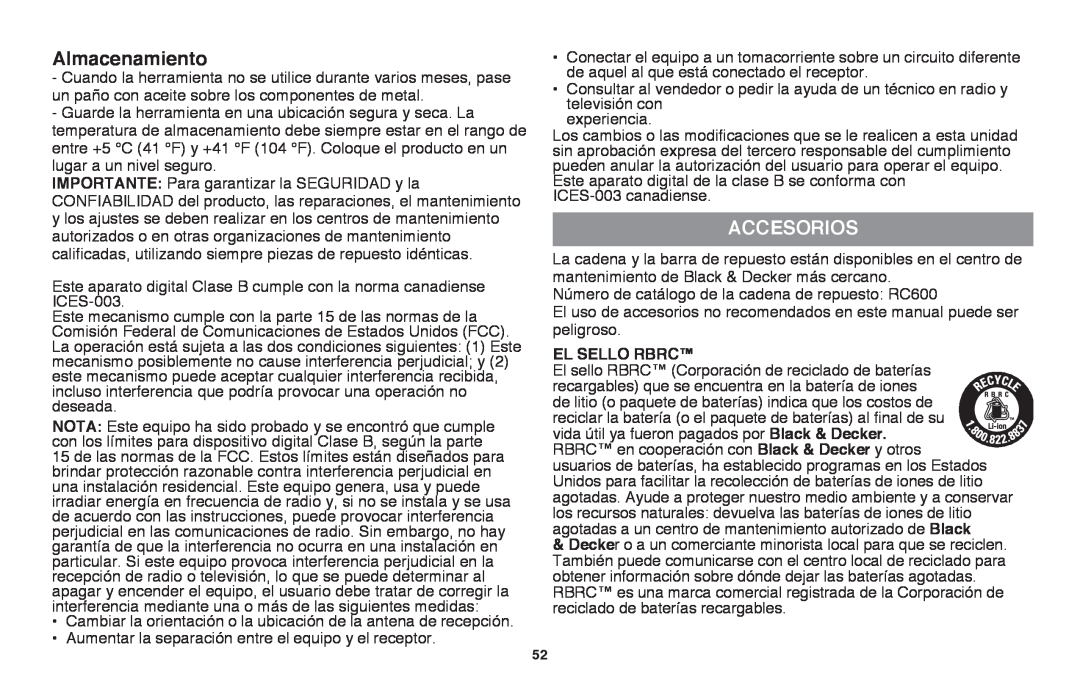 Black & Decker LLP120 instruction manual Almacenamiento, Accesorios 