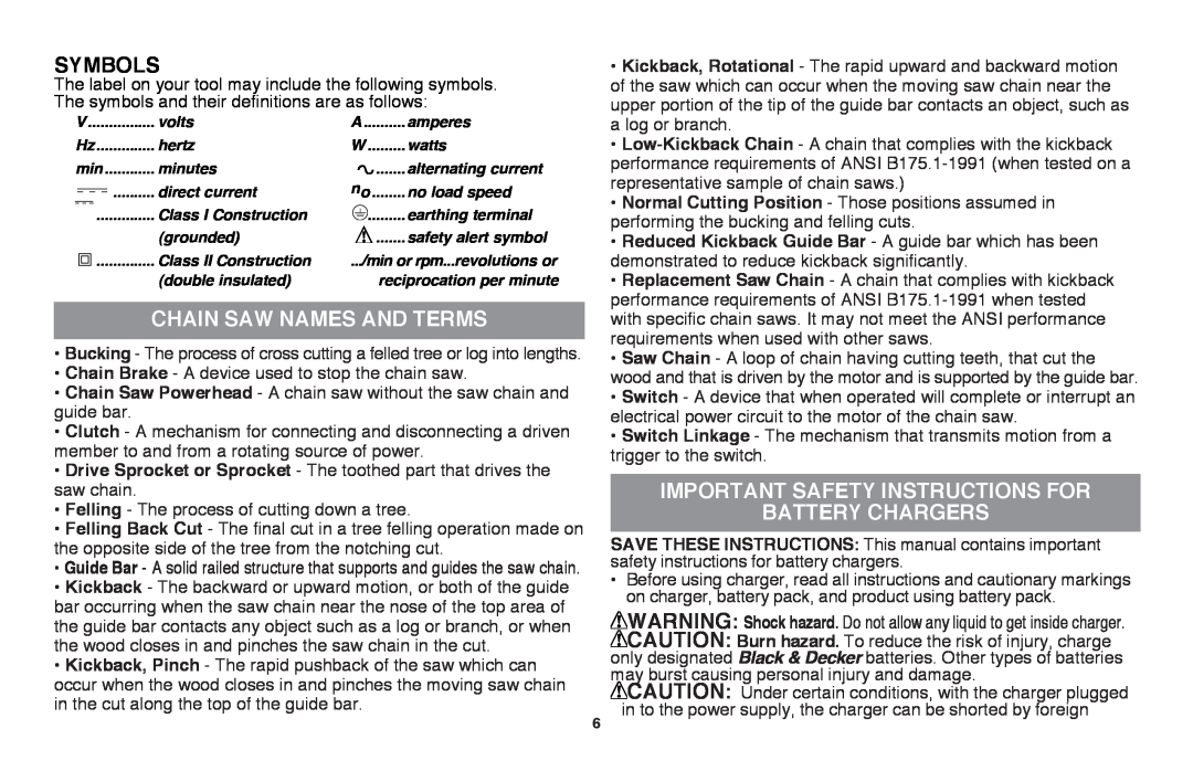 Black & Decker LLP120 Symbols, Chain Saw Names And Terms, important safety instructions for, battery chargers 