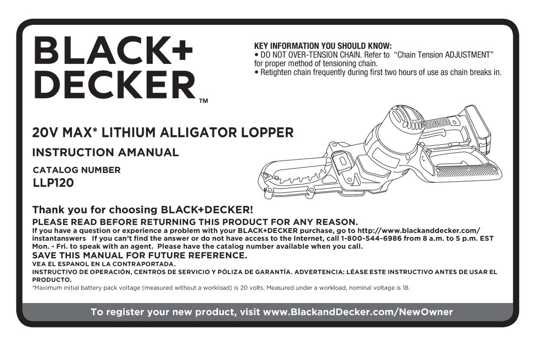 Black & Decker LLP120B manual 20v max* lithium alligator lopper 