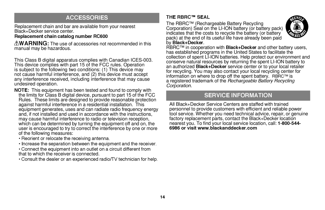 Black & Decker LLP120B manual Accessories, Service Information, Replacement chain catalog number RC600, Rbrc Seal 