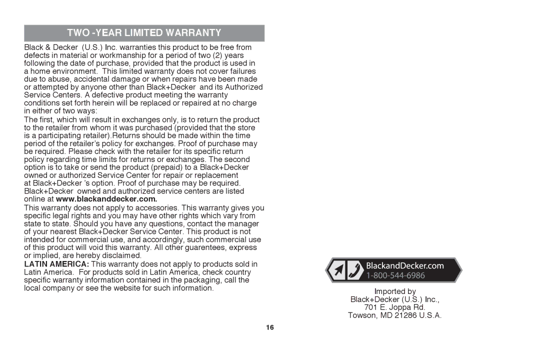 Black & Decker LLP120B manual Two -year LImited warranty 