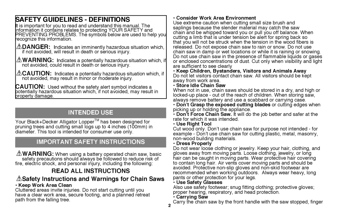 Black & Decker LLP120B manual Intended use, Important Safety Instructions, Safety Instructions and Warnings for Chain Saws 