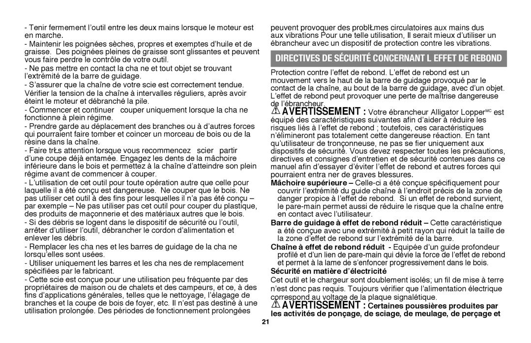 Black & Decker LLP120B manual Directives de sÉcuritÉ concernant l’effet de rebond, Sécurité en matière d’électricité 