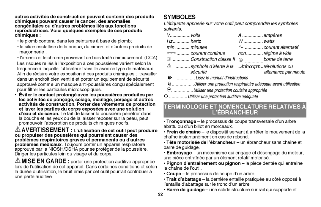 Black & Decker LLP120B manual Symboles, Terminologie ET Nomenclature Relatives À ’ÉBRANCHEUR 