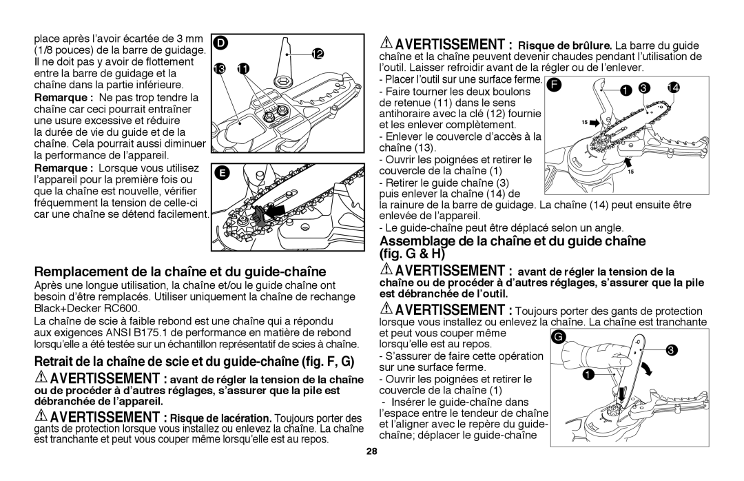 Black & Decker LLP120B manual Fig. G & H Remplacement de la chaîne et du guide-chaîne 