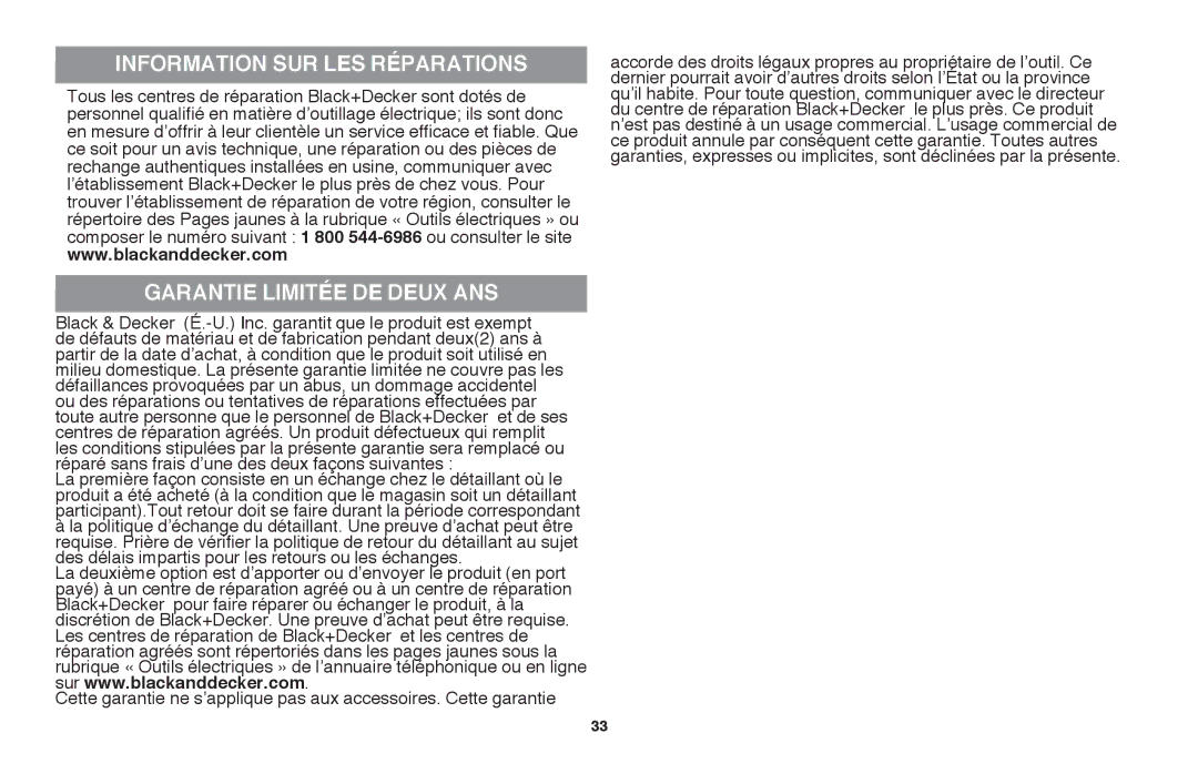 Black & Decker LLP120B manual Information sur les réparations Garantie limitéE de deux ans 