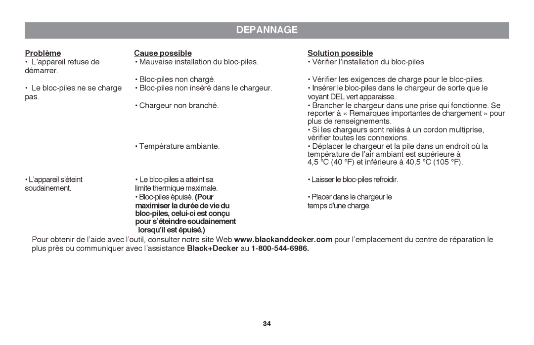 Black & Decker LLP120B manual DEpannage, Problème Cause possible Solution possible, Maximiser la durée de vie du 