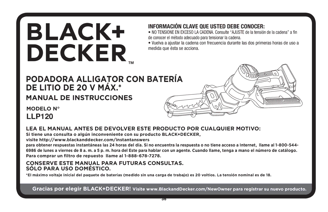 Black & Decker LLP120B manual Podadora Alligator CON Batería DE Litio DE 20 V MÁX 