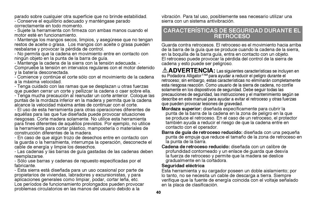 Black & Decker LLP120B manual CaracterÍsticas de seguridad durante el Retroceso 