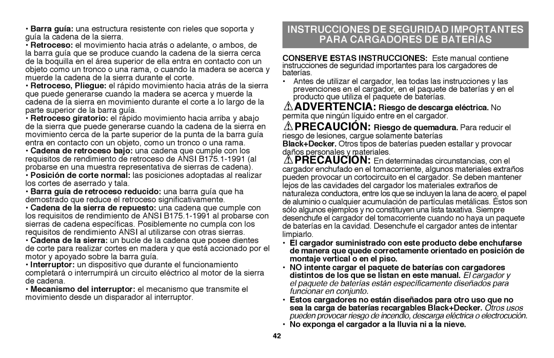 Black & Decker LLP120B manual No exponga el cargador a la lluvia ni a la nieve 