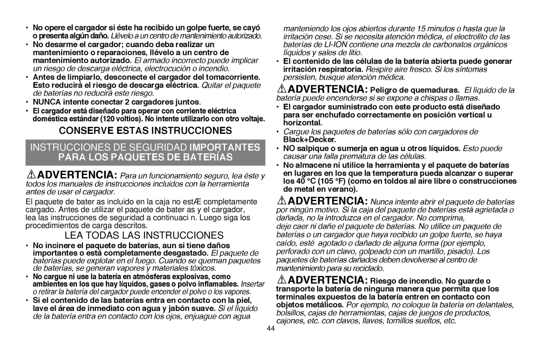 Black & Decker LLP120B manual Lea todas las instrucciones, Nunca intente conectar 2 cargadores juntos 