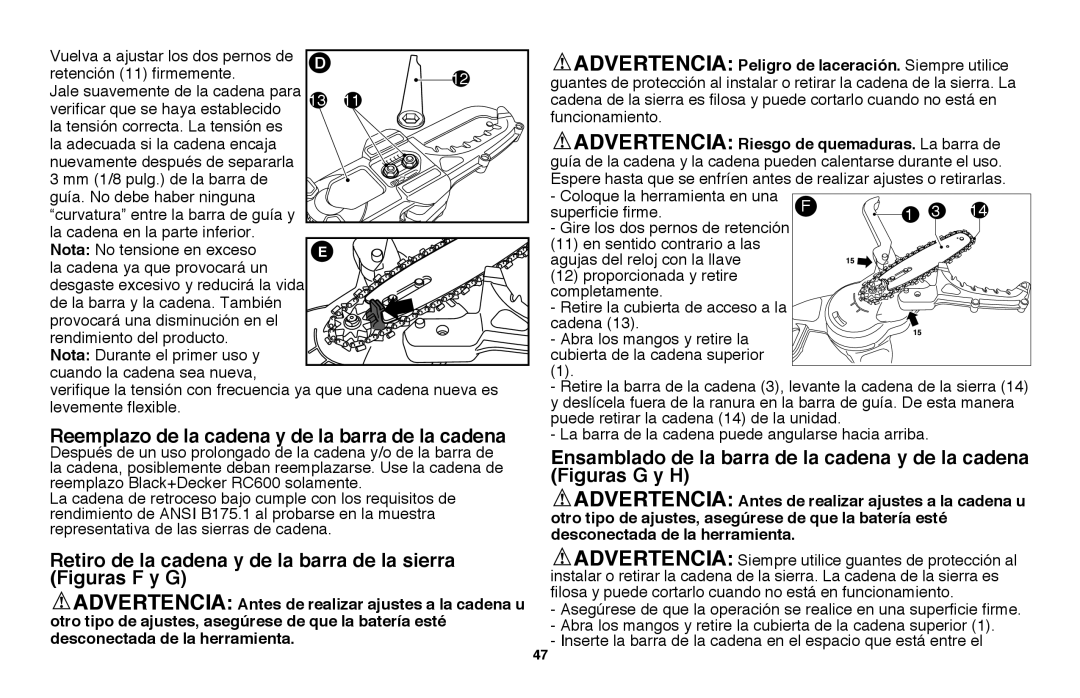 Black & Decker LLP120B manual Retiro de la cadena y de la barra de la sierra Figuras F y G 