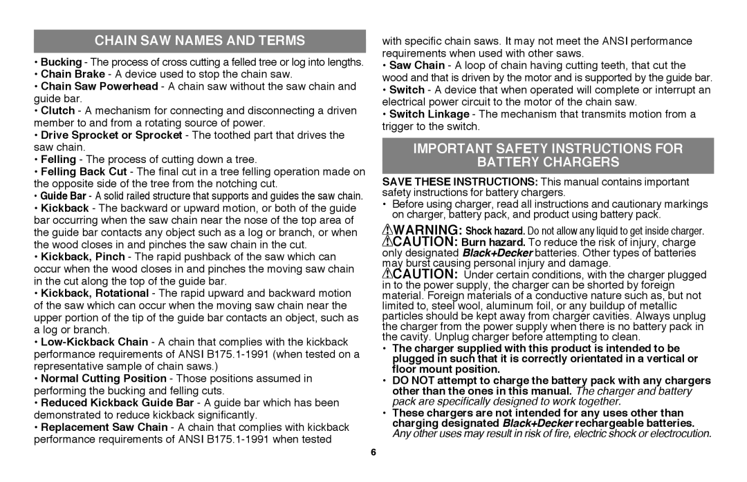 Black & Decker LLP120B manual Chain SAW Names and Terms, Important safety instructions for Battery chargers 