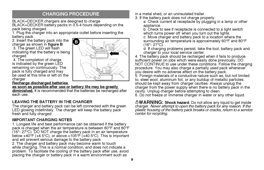 Black & Decker LLP120B manual Charging Procedure, Leaving the battery in the charger, Important Charging Notes 