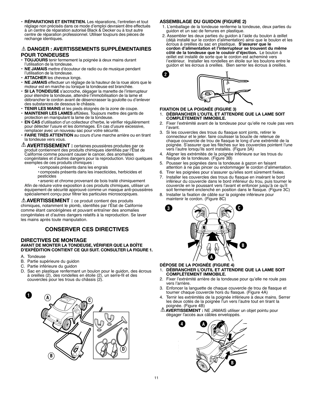 Black & Decker LM175 instruction manual Conserver CES Directives, Directives DE Montage, Assemblage DU Guidon Figure 