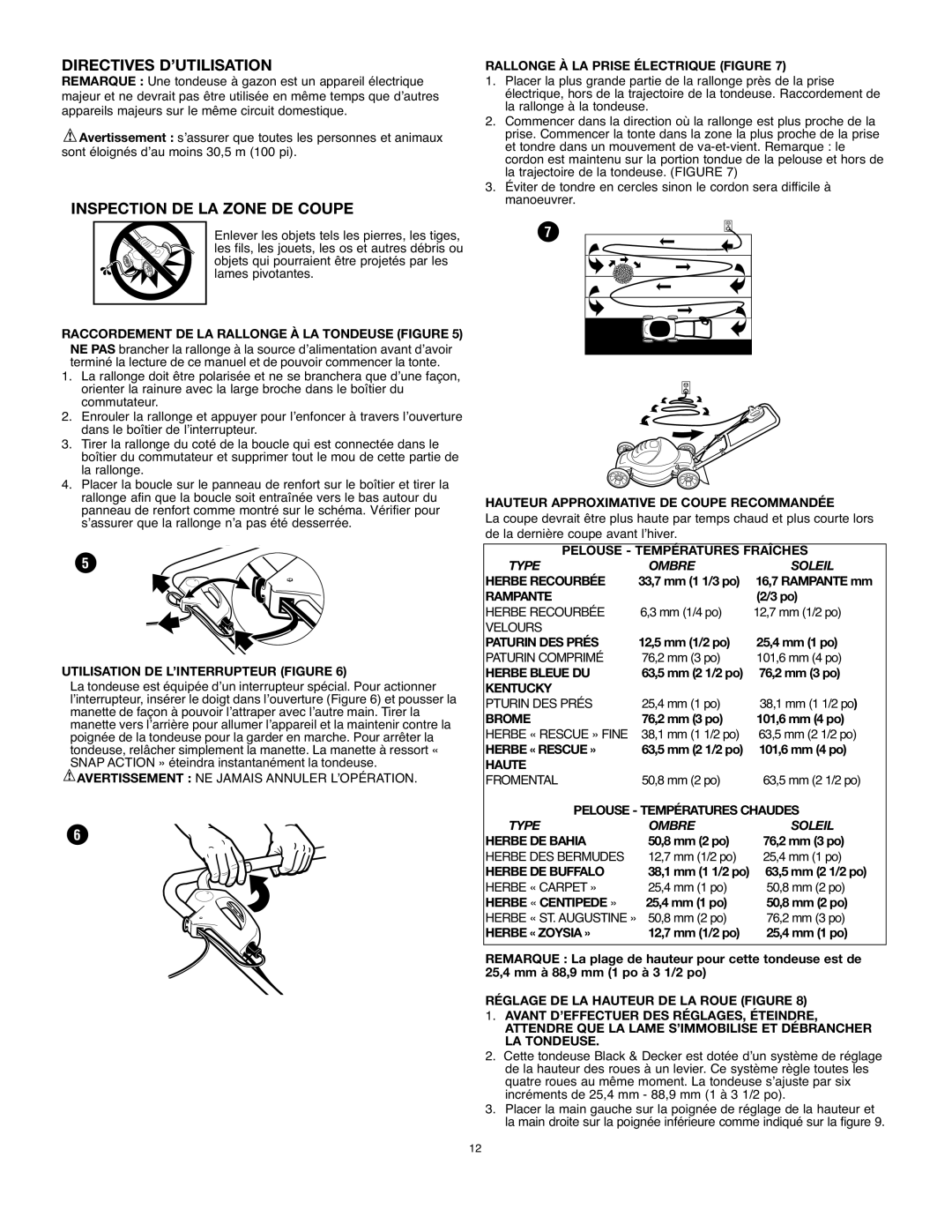 Black & Decker LM175 instruction manual Directives D’UTILISATION, Inspection DE LA Zone DE Coupe 