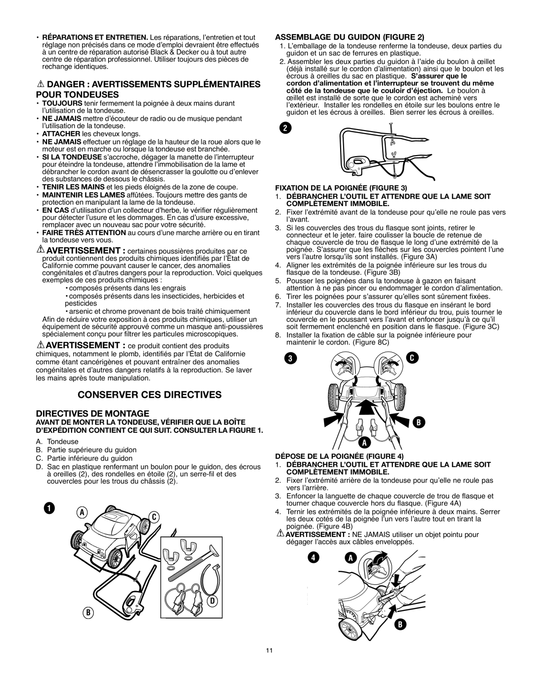 Black & Decker LM175 instruction manual Conserver Ces Directives, Directives De Montage, Assemblage Du Guidon Figure, 4 A B 