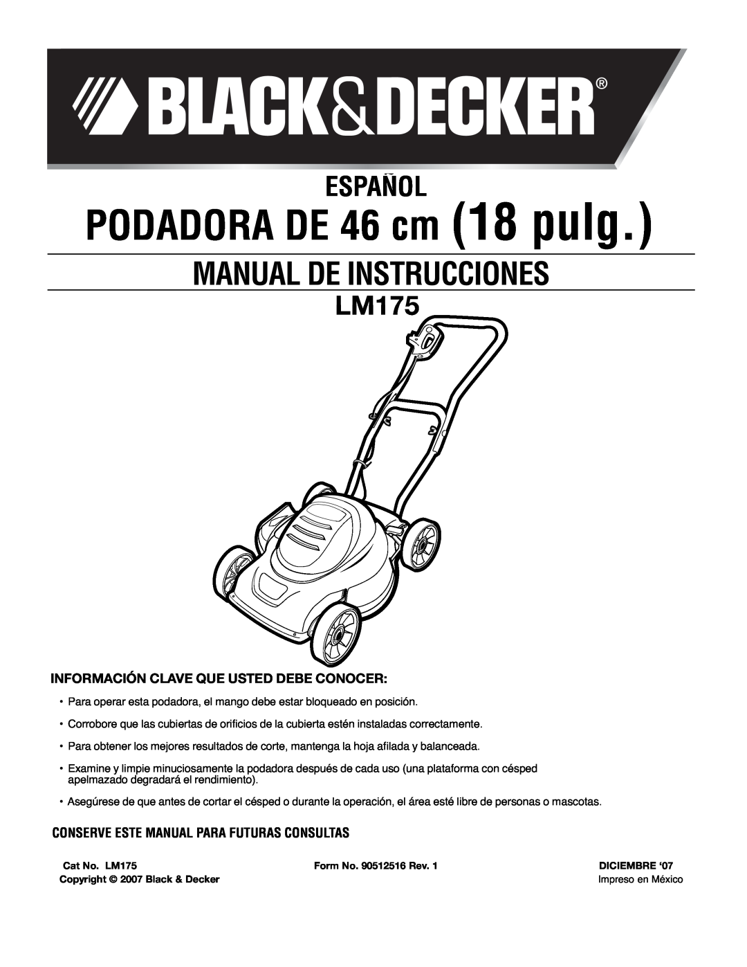 Black & Decker LM175 PODADORA DE 46 cm 18 pulg, Español, Información Clave Que Usted Debe Conocer, Manual De Instrucciones 