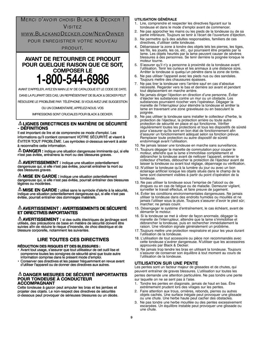 Black & Decker LM175 instruction manual Lire Toutes Ces Directives, Utilisation Sur Une Pente 