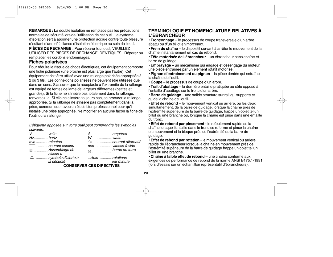 Black & Decker LP1000, 479970-00 instruction manual Fiches polarisées, Terminologie ET Nomenclature Relatives À L’ÉBRANCHEUR 