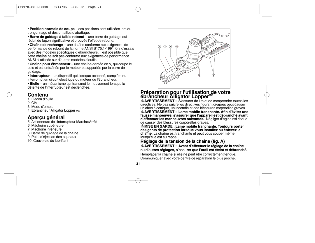 Black & Decker 479970-00, LP1000 instruction manual Contenu, Aperçu général, Réglage de la tension de la chaîne fig. a 