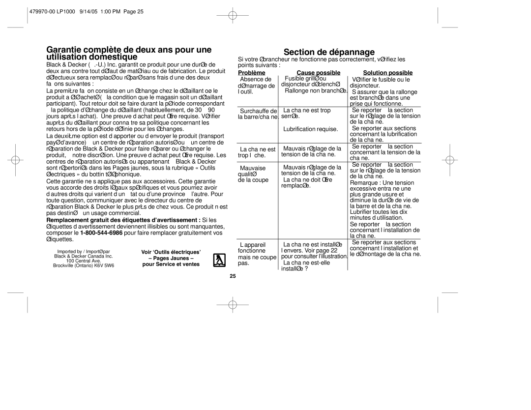 Black & Decker 479970-00, LP1000 instruction manual Section de dépannage, Problème Cause possible Solution possible 