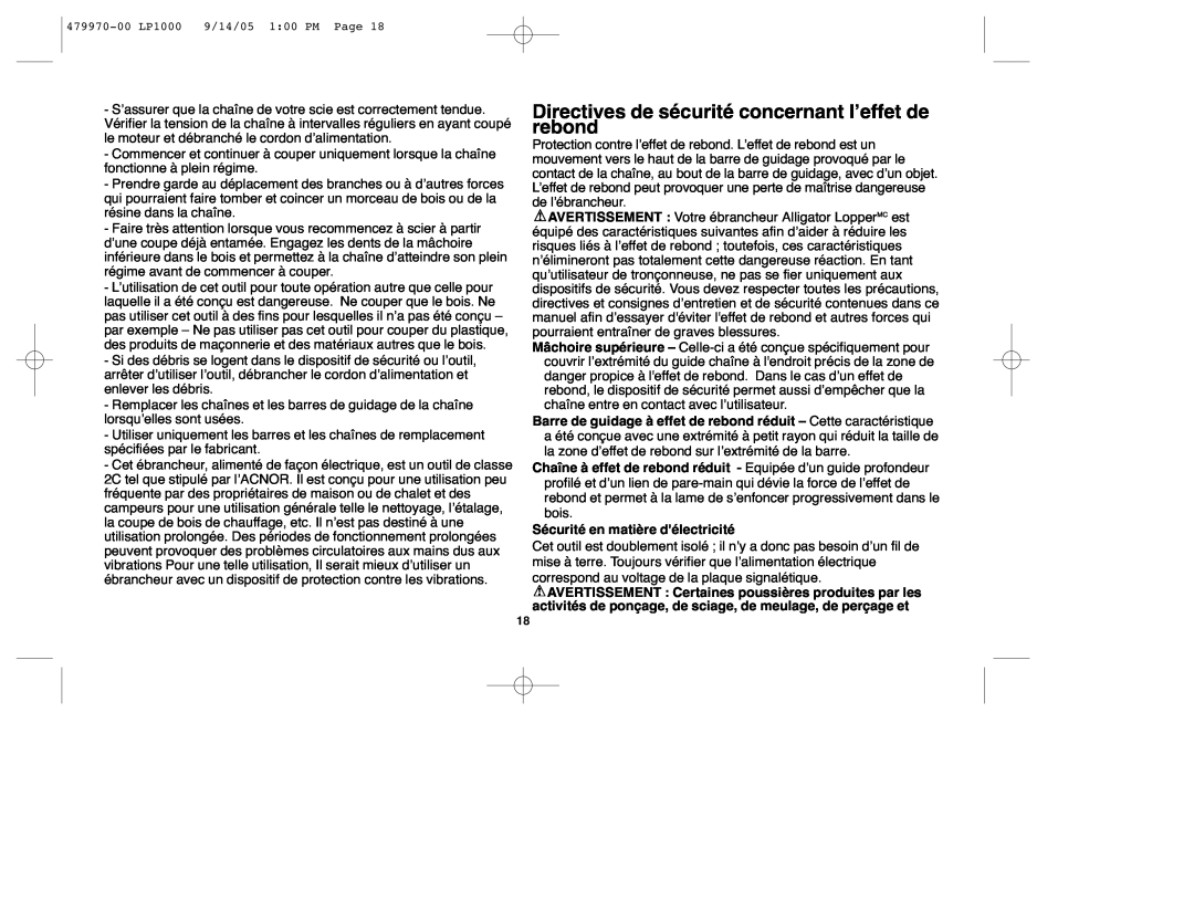 Black & Decker LP1000, 479970-00 instruction manual Directives de sécurité concernant l’effet de rebond 