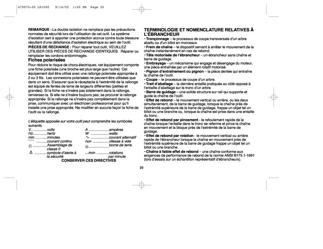 Black & Decker LP1000, 479970-00 instruction manual Fiches polarisées, Terminologie Et Nomenclature Relatives À L’Ébrancheur 