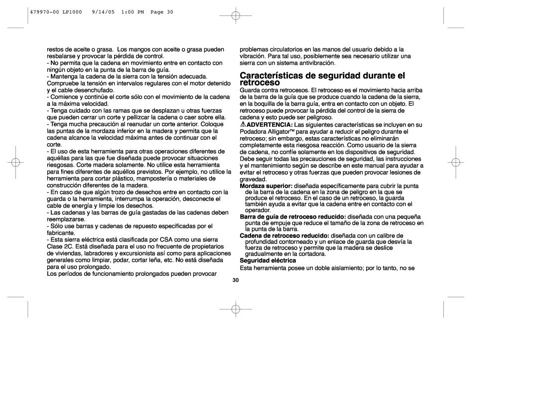 Black & Decker LP1000, 479970-00 instruction manual Características de seguridad durante el retroceso 
