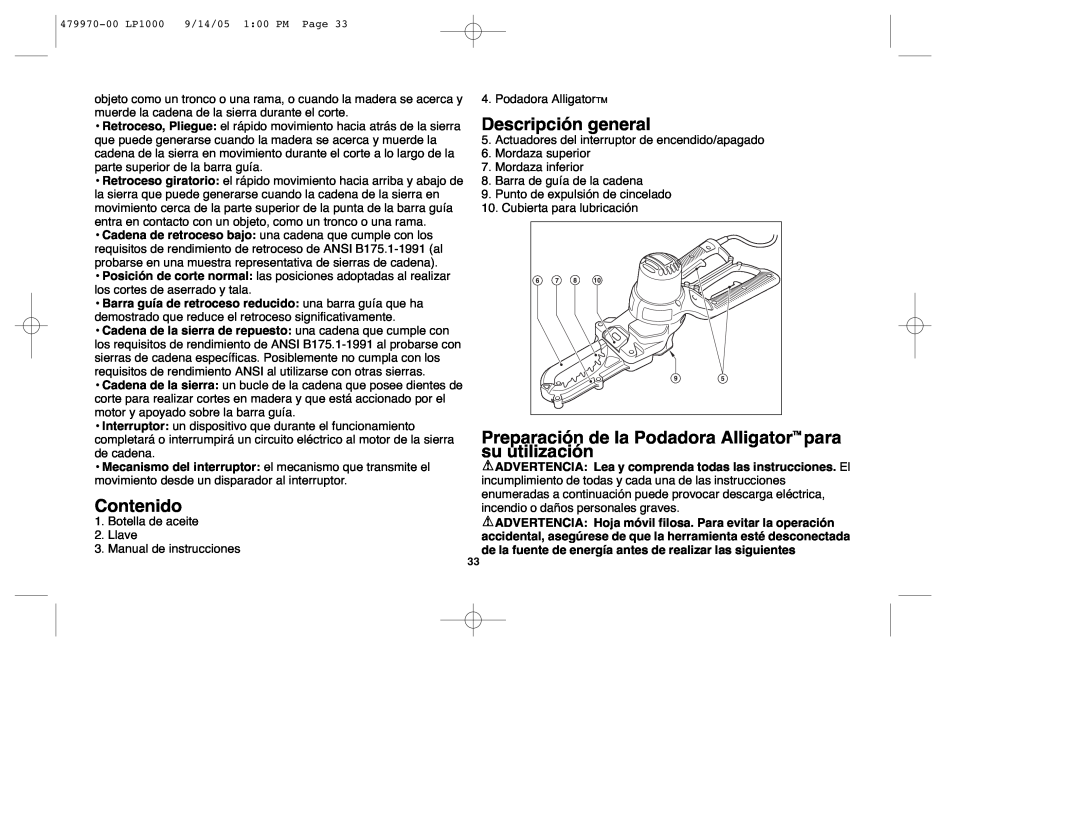 Black & Decker 479970-00 Contenido, Descripción general, Preparación de la Podadora AlligatorTM para su utilización 