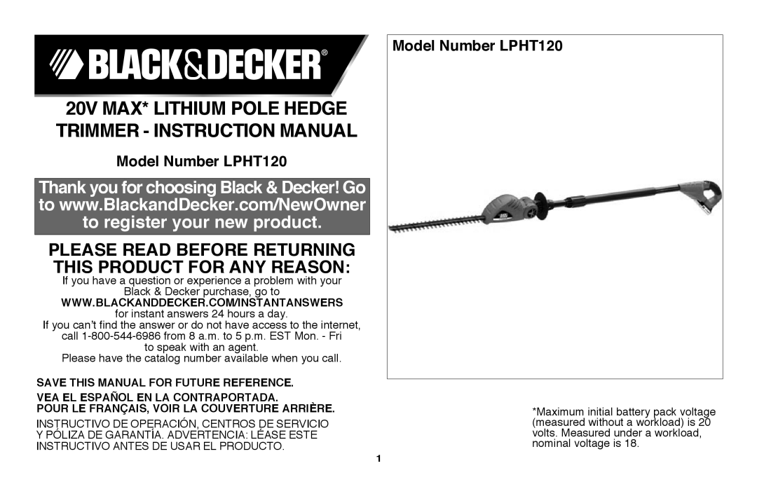 Black & Decker LPHT120B instruction manual Please read before returning this product for any reason 