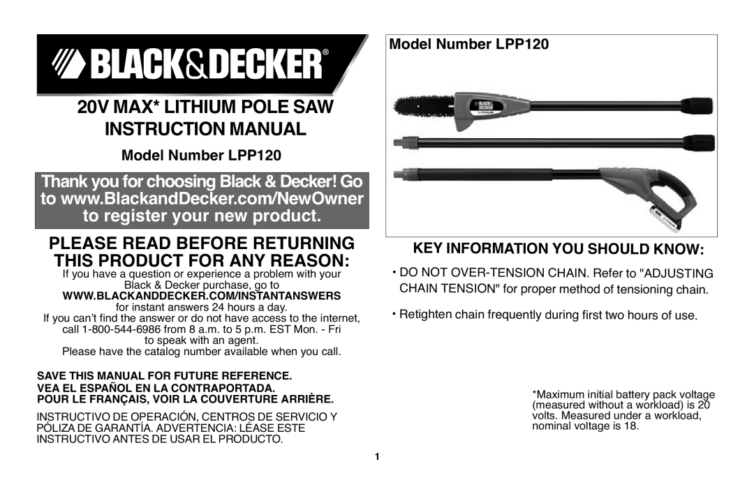 Black & Decker LPP120 instruction manual 20V MAX* Lithium Pole SAW Instructionmanual 