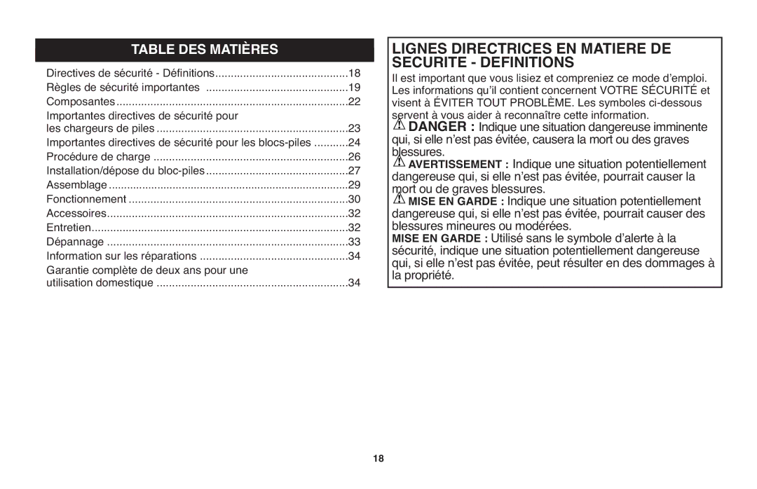 Black & Decker LPP120 instruction manual Table DES Matières, Avertissement 