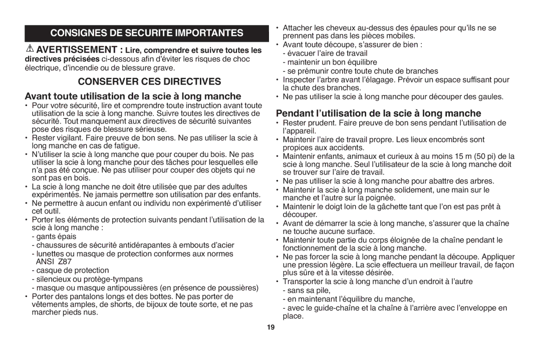 Black & Decker LPP120 instruction manual Conserver CES Directives, Pendant lʼutilisation de la scie à long manche 