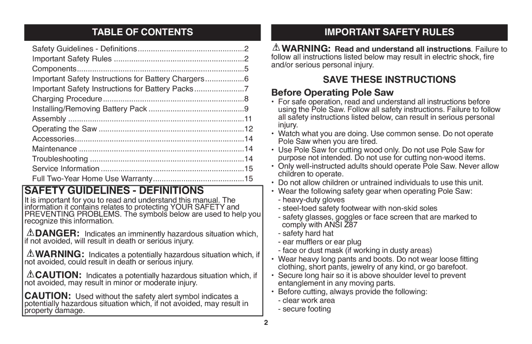 Black & Decker LPP120 instruction manual Table of Contents, Important Safety Rules 